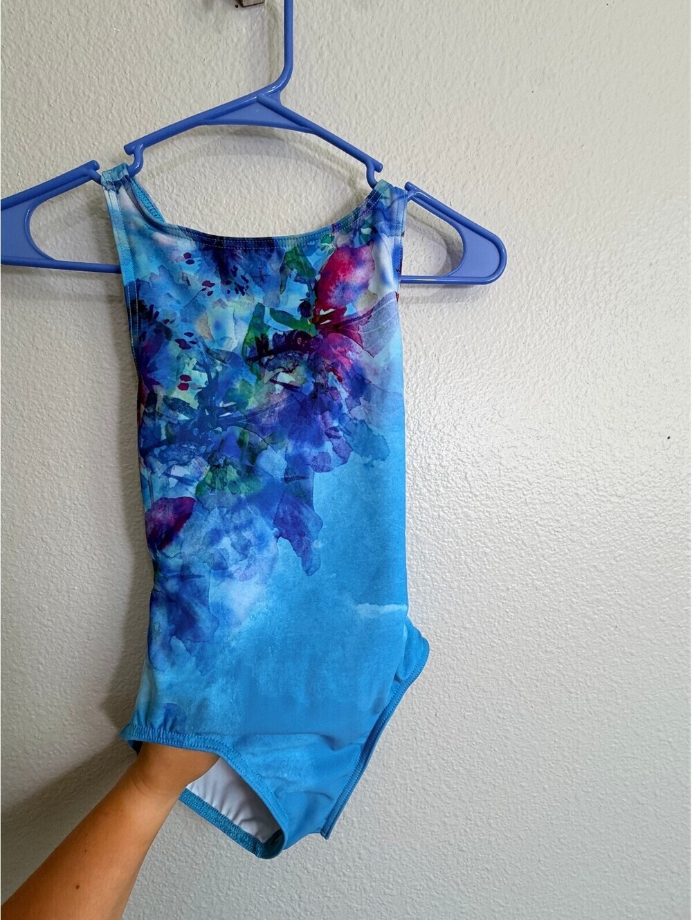 Balera Girls Dance Leotard Watercolor Floral Cross Back Blue Size MC